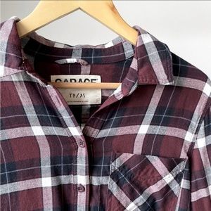 Garage Burgundy Plaid Flannel Boyfriend Button Up Long Sleeve Shirt